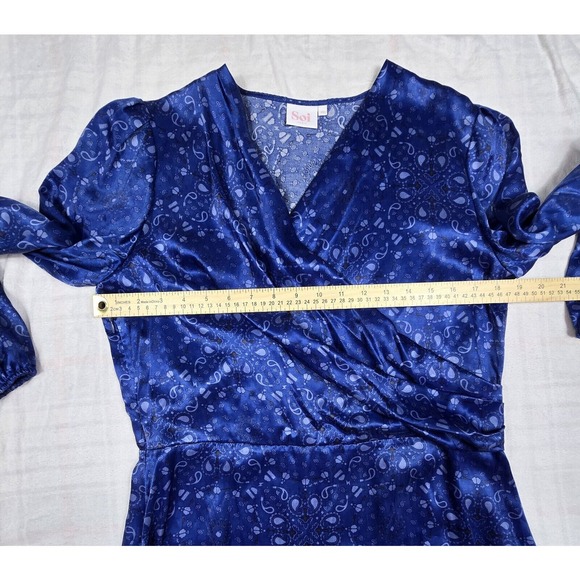 SOI PARIS Dress Surplice Neck Paisley Geometric Blue Cupro Rayon SZ EU 42 US L - Picture 7 of 12